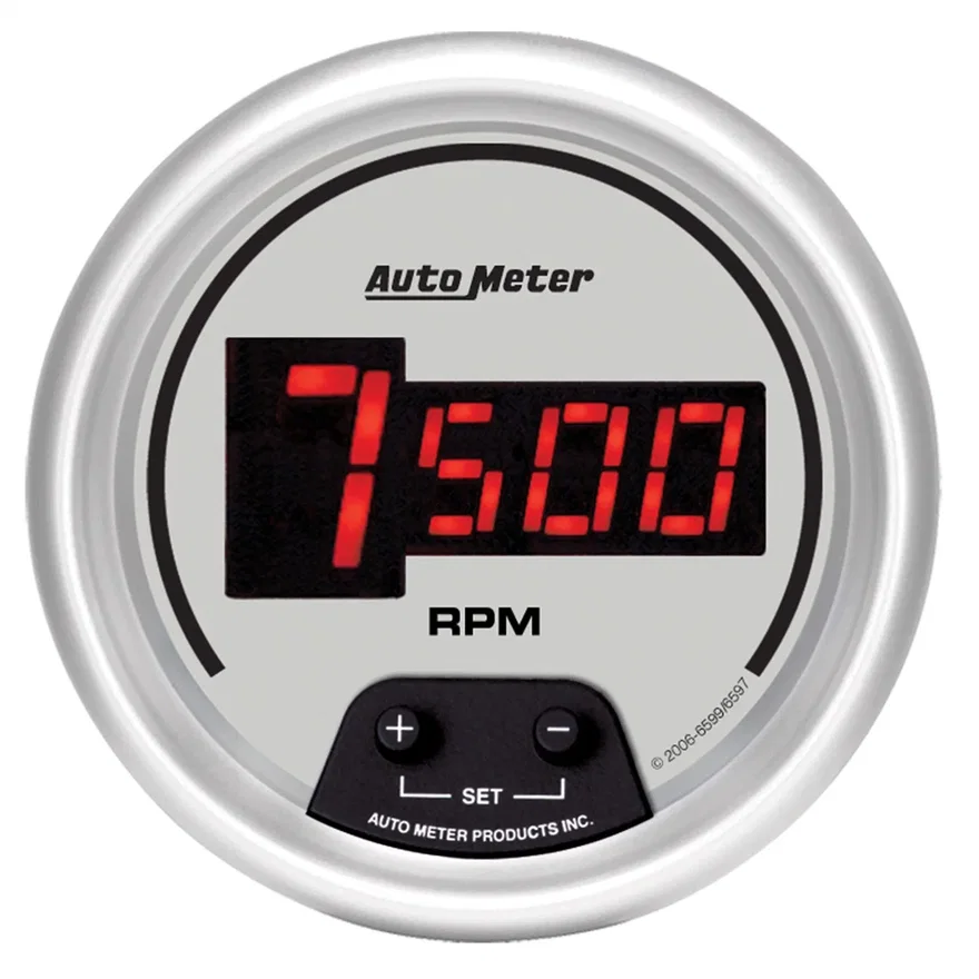 GAUGE; TACH; 3 3/8in.; 10K RPM; IN-DASH; DIGITAL; SILVER DIAL W/RED LED