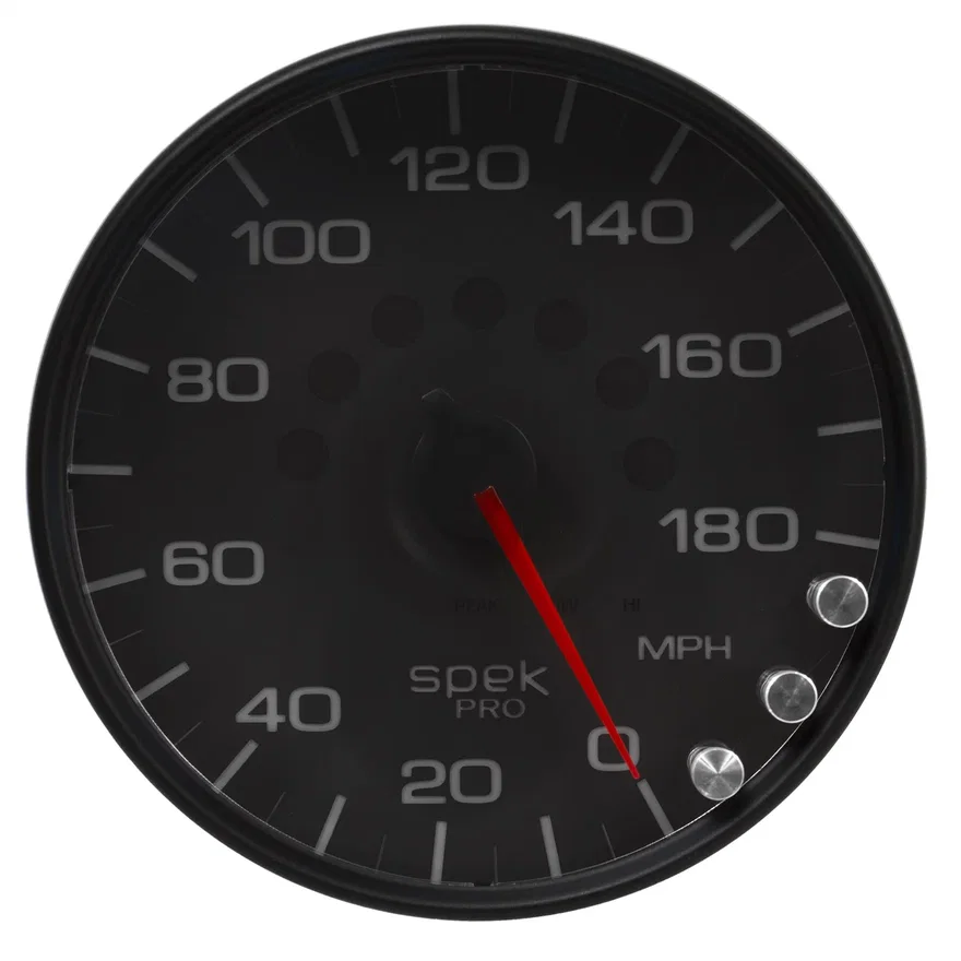 GAUGE; SPEEDOMETER; 5in.; 180 MPH; ELEC. PROGRAMMABLE; BLACK/BLACK; SPEK-PRO