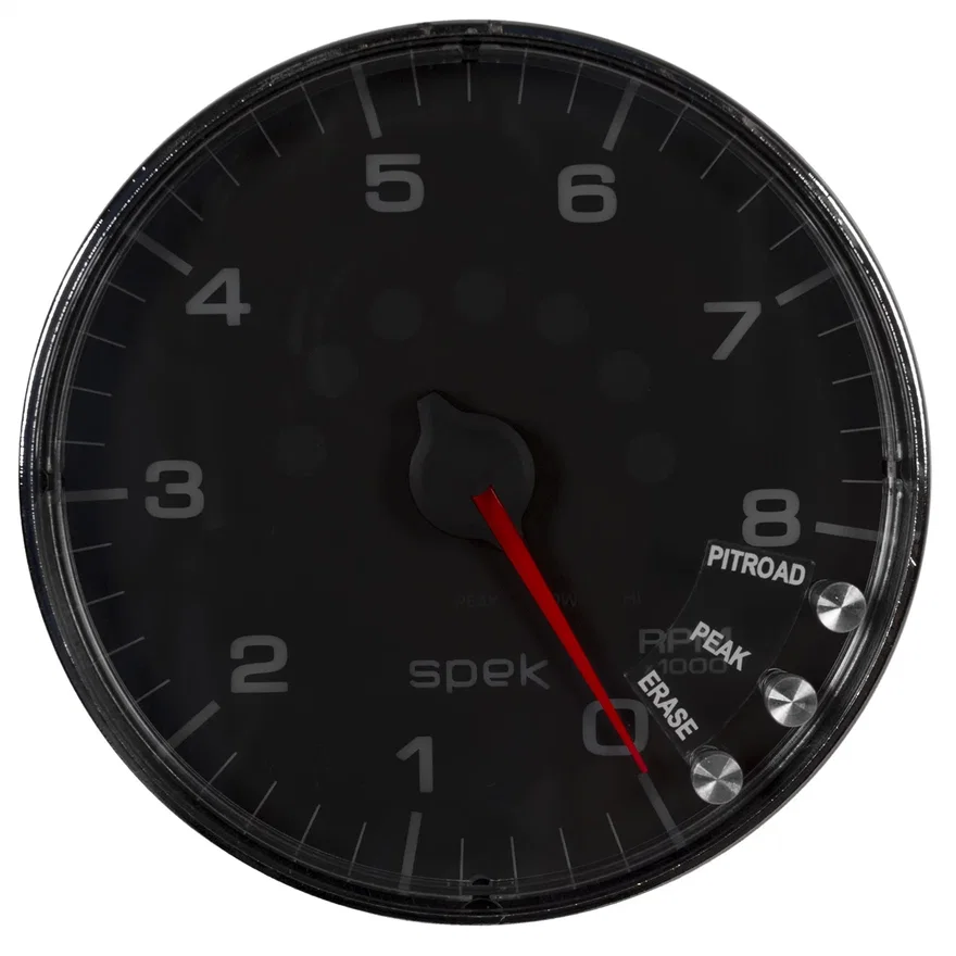 GAUGE; TACHOMETER; 5in.; 8K RPM; W/SHIFT LIGHT/PEAK MEM; BLACK/CHROME; SPEK-PRO
