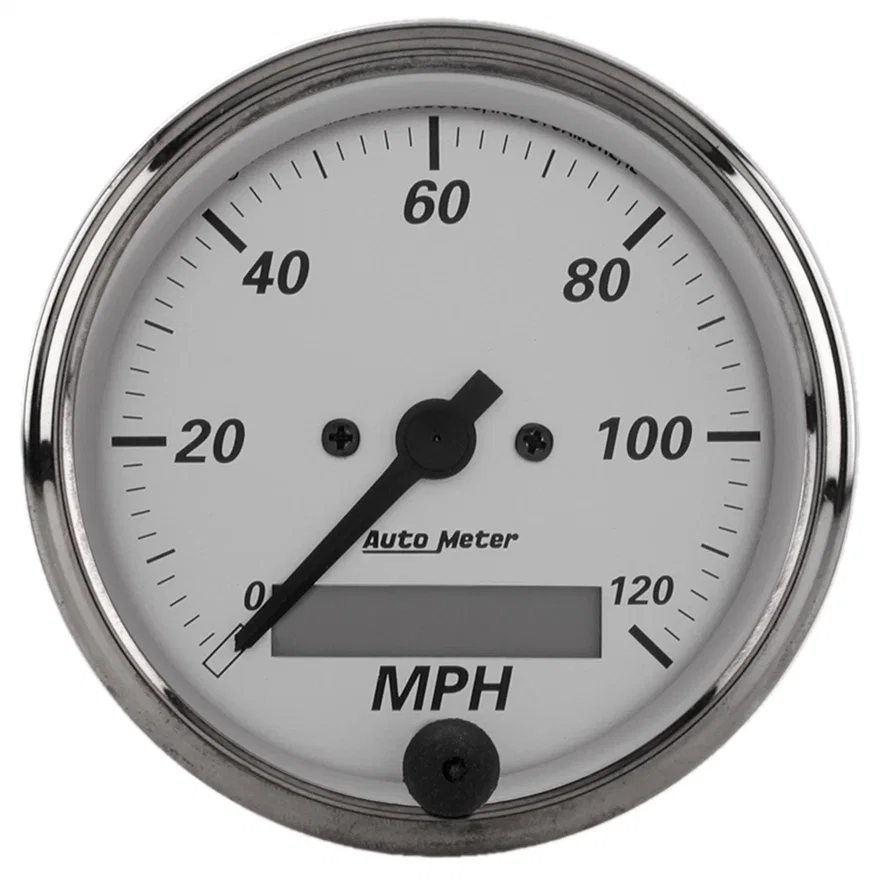 GAUGE; SPEEDOMETER; 3 1/8in.; 120MPH; ELEC. PROGRAM.; AMERICAN PLATINUM