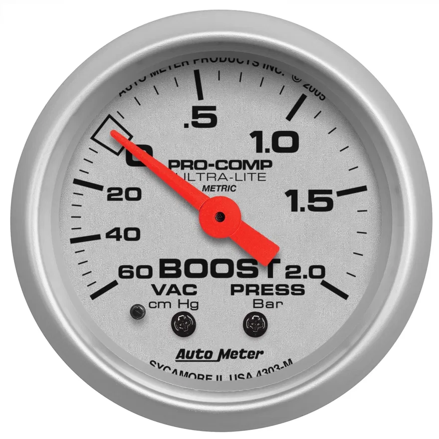 GAUGE; VAC/BOOST; 2 1/16in.; 60CMHG-2.0BAR; MECHANICAL; ULTRA-LITE