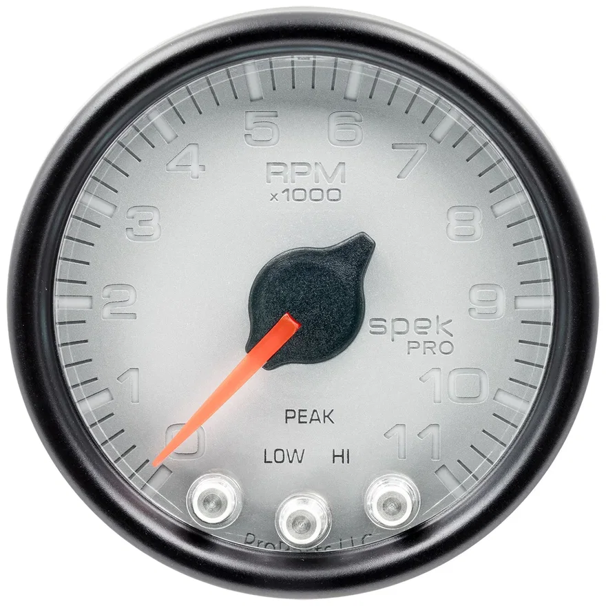 GAUGE; TACH; 2 1/16in.; 11K RPM; W/SHIFT LIGHT/PEAK MEM; SLVR/BLK; SPEK-PRO