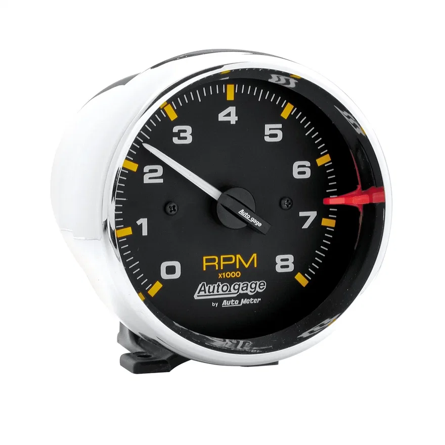 GAUGE; TACH; 3 3/4in.; 8K RPM; PEDESTAL; BLK DIAL CHROME CASE; AUTOGAGE