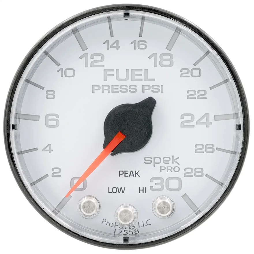 GAUGE; FUEL PRESS; 2 1/16in.; 30PSI; STEPPER MOTOR W/PEAK/WARN; WHT/BLK; SPEK
