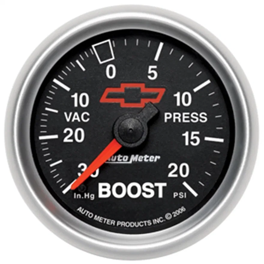 GAUGE; VAC/BOOST; 2 1/16in.; 30INHG-20PSI; MECHANICAL; CHEVY RED BOWTIE; BLACK
