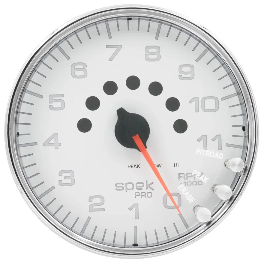 GAUGE; TACHOMETER; 5in.; 11K RPM; W/SHIFT LIGHT/PEAK MEM; WHITE/CHROME; SPEK-PRO