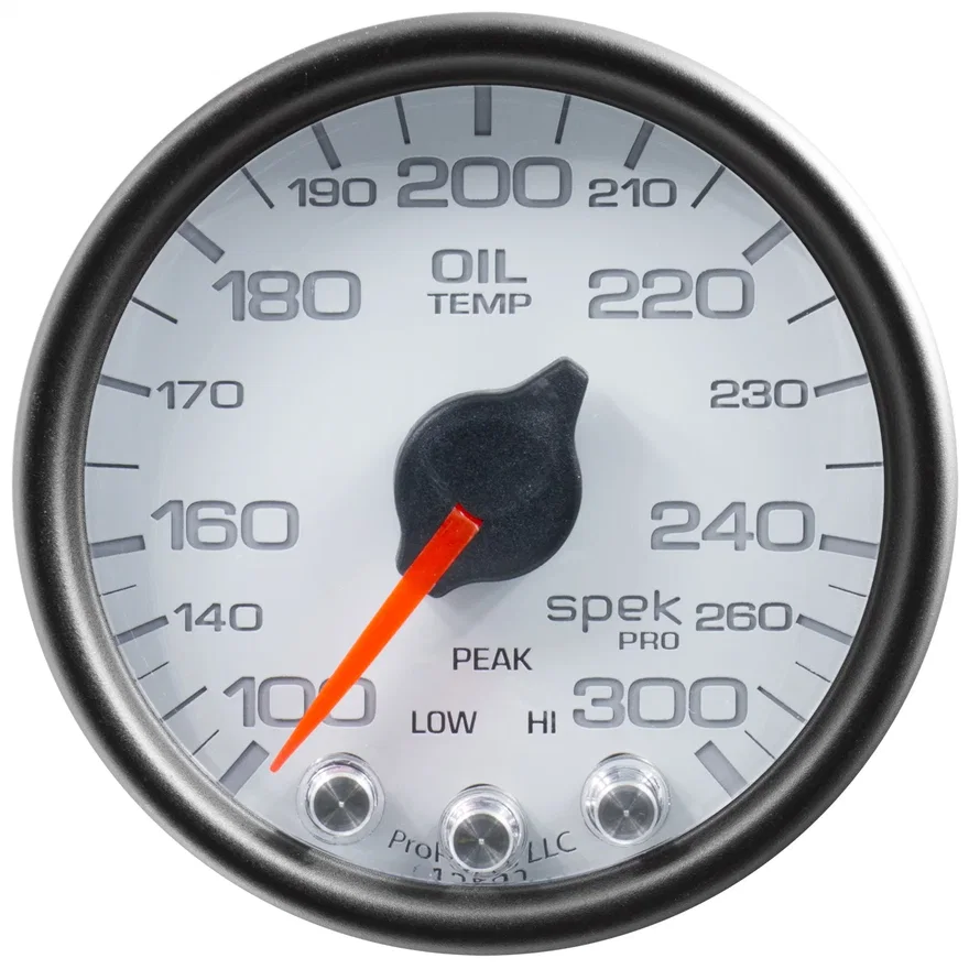 GAUGE; OIL TEMP; 2 1/16in.; 300deg.F; STEPPER MOTOR W/PEAK/WARN; WHT/BLK; SPEK-P