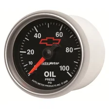 GAUGE; OIL PRESSURE; 2 1/16in.; 100PSI; MECHANICAL; CHEVY RED BOWTIE; BLACK image 1