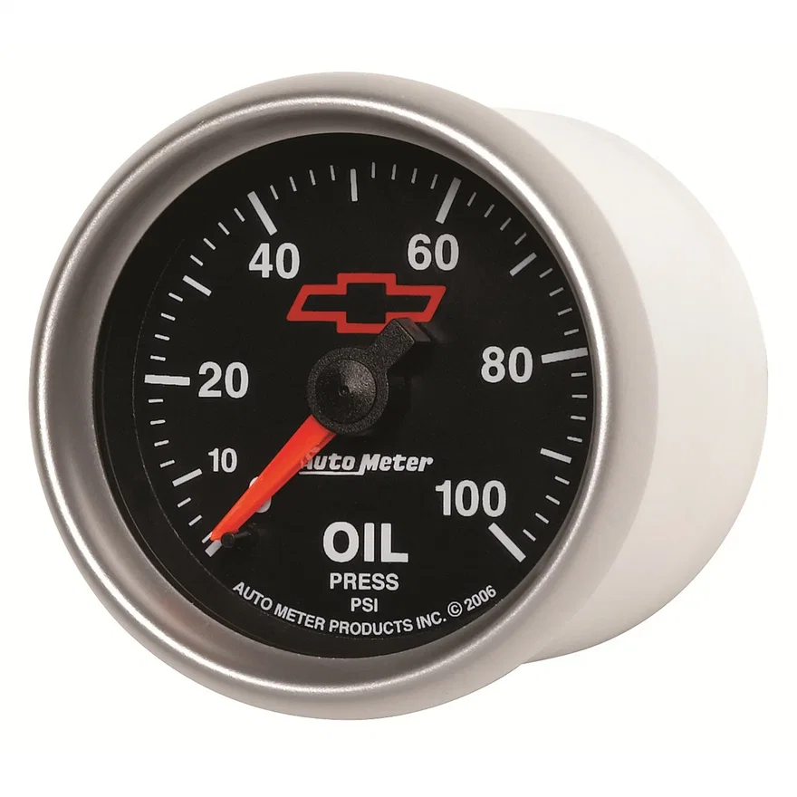 GAUGE; OIL PRESSURE; 2 1/16in.; 100PSI; MECHANICAL; CHEVY RED BOWTIE; BLACK