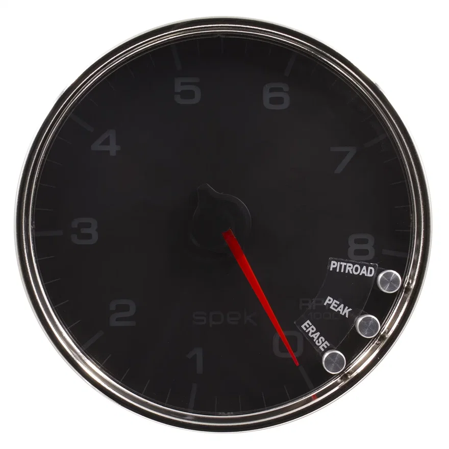 GAUGE; TACHOMETER; 5in.; 8K RPM; W/SHIFT LIGHT/PEAK MEM; BLACK/CHROME; SPEK-PRO