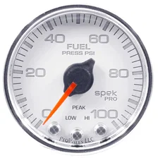 GAUGE; FUEL PRESS; 2 1/16in.; 100PSI; STEPPER MOTOR W/PEAK/WARN; WHT/CHRM; SPEK image 1