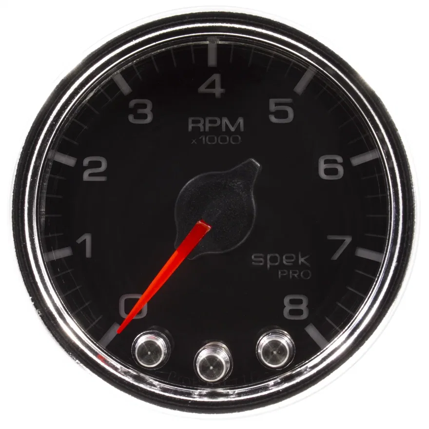 GAUGE; TACH; 2 1/16in.; 8K RPM; W/SHIFT LIGHT/PEAK MEM; BLK/CHRM; SPEK-PRO