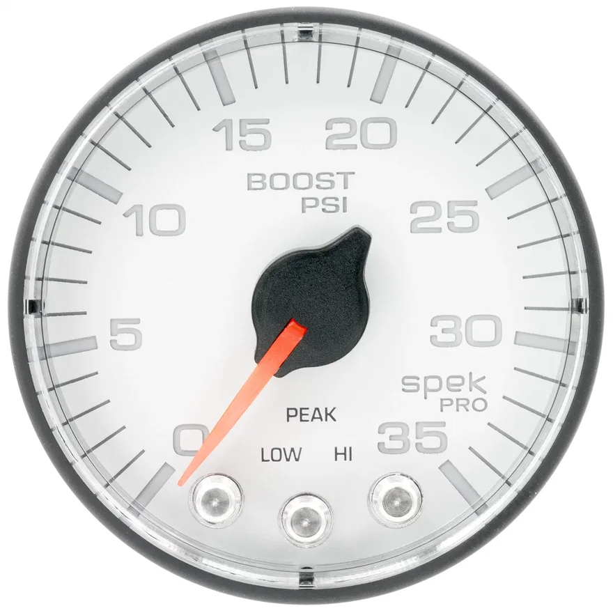 GAUGE; BOOST; 2 1/16in.; 35PSI; STEPPER MOTOR W/PEAK/WARN; WHITE/BLACK; SPEK-PRO