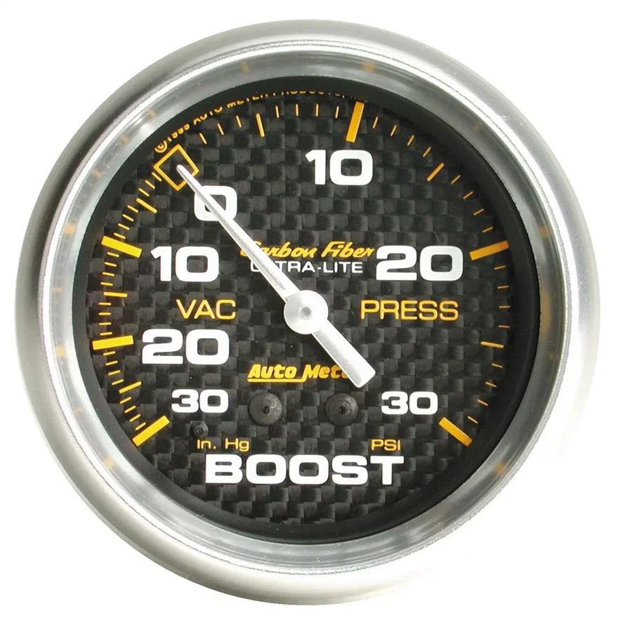 GAUGE; VAC/BOOST; 2 5/8in.; 30INHG-30PSI; MECHANICAL; CARBON FIBER