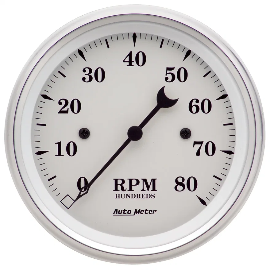 GAUGE; TACHOMETER; 3 3/8in.; 8K RPM; IN-DASH; OLD TYME WHITE