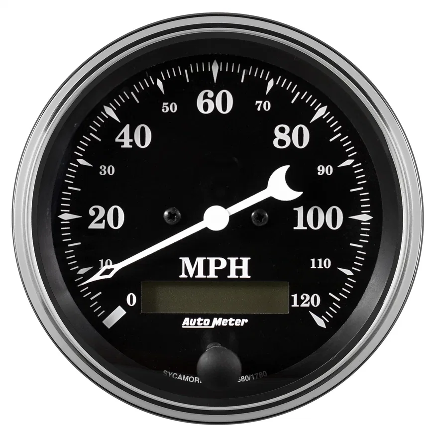 GAUGE; SPEEDO.; 3 3/8in.; 120MPH; ELEC. PROG. W/LCD ODO; OLD TYME BLACK