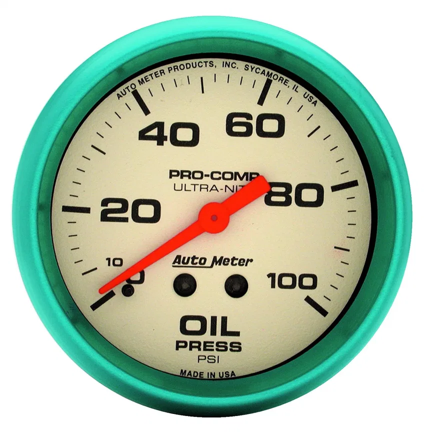 GAUGE; OIL PRESS; 2 5/8in.; 100PSI; MECH.; GLOW IN THE DARK; ULTRA-NITE