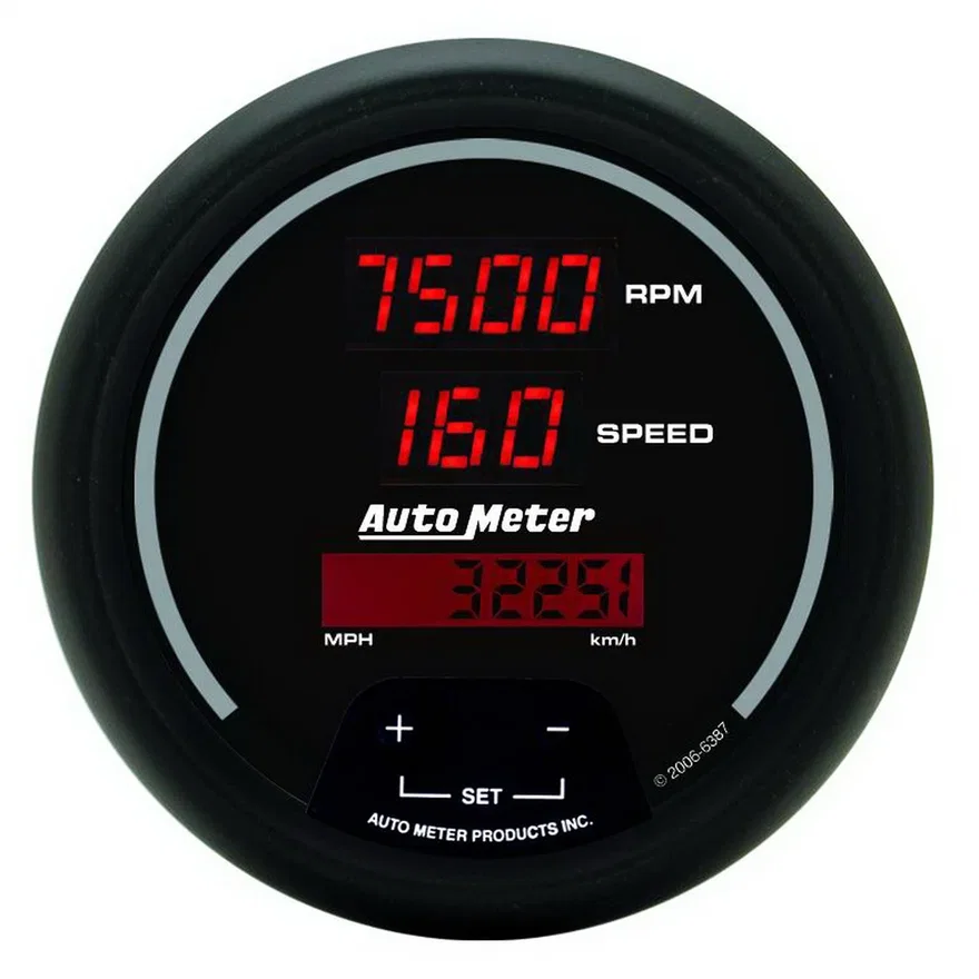 GAUGE; TACH/SPEEDO; 3 3/8in.; 260MPH/260KMH/10KRPM; PROGRAM; DIG; BLK W/RD LED