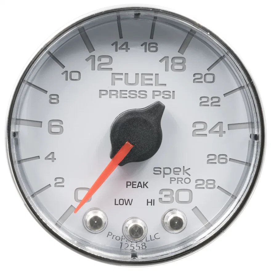 GAUGE; FUEL PRESS; 2 1/16in.; 30PSI; STEPPER MOTOR W/PEAK/WARN; WHT/CHRM; SPEK
