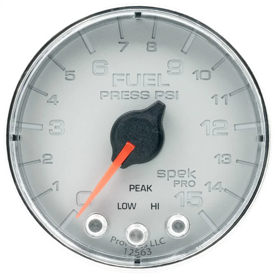 GAUGE; FUEL PRESS; 2 1/16in.; 15PSI; STEPPER MOTOR W/PEAK/WARN; SLVR/CHRM; SPEK