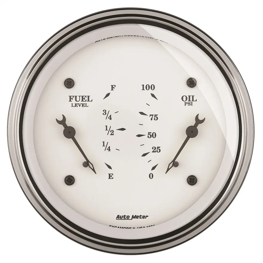 GAUGE; DUAL; FUEL/OILP; 3 3/8in.; 0OE-90OF/100PSI; ELEC; OLD TYME WHITE