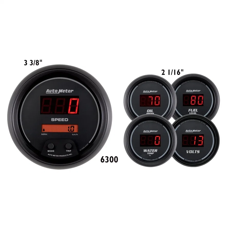 GAUGE KIT; 5 PC.; 3 3/8in./2 1/16in.; ELEC SPEEDO; DIGITAL; BLACK DIAL W/RED LED