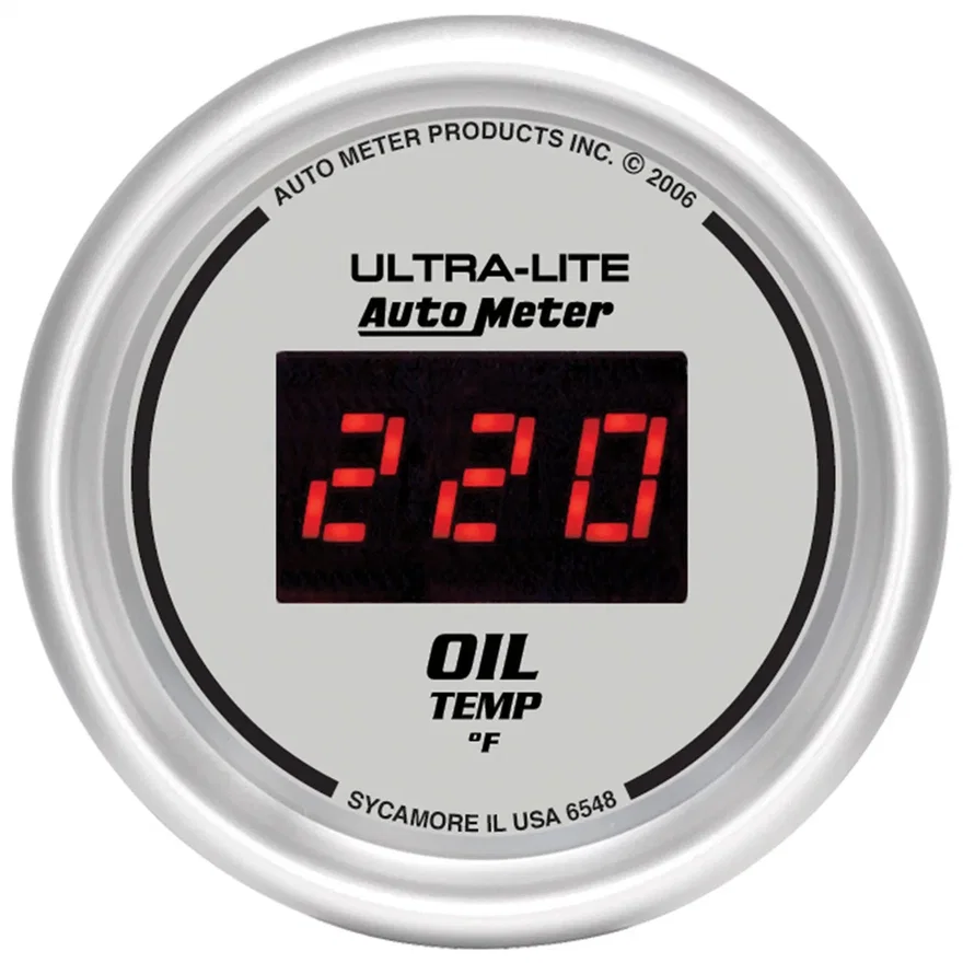 GAUGE; OIL TEMP; 2 1/16in.; 340deg.F; DIGITAL; SILVER DIAL W/RED LED