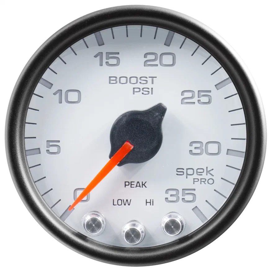 GAUGE; BOOST; 2 1/16in.; 35PSI; STEPPER MOTOR W/PEAK/WARN; WHITE/BLACK; SPEK-PRO