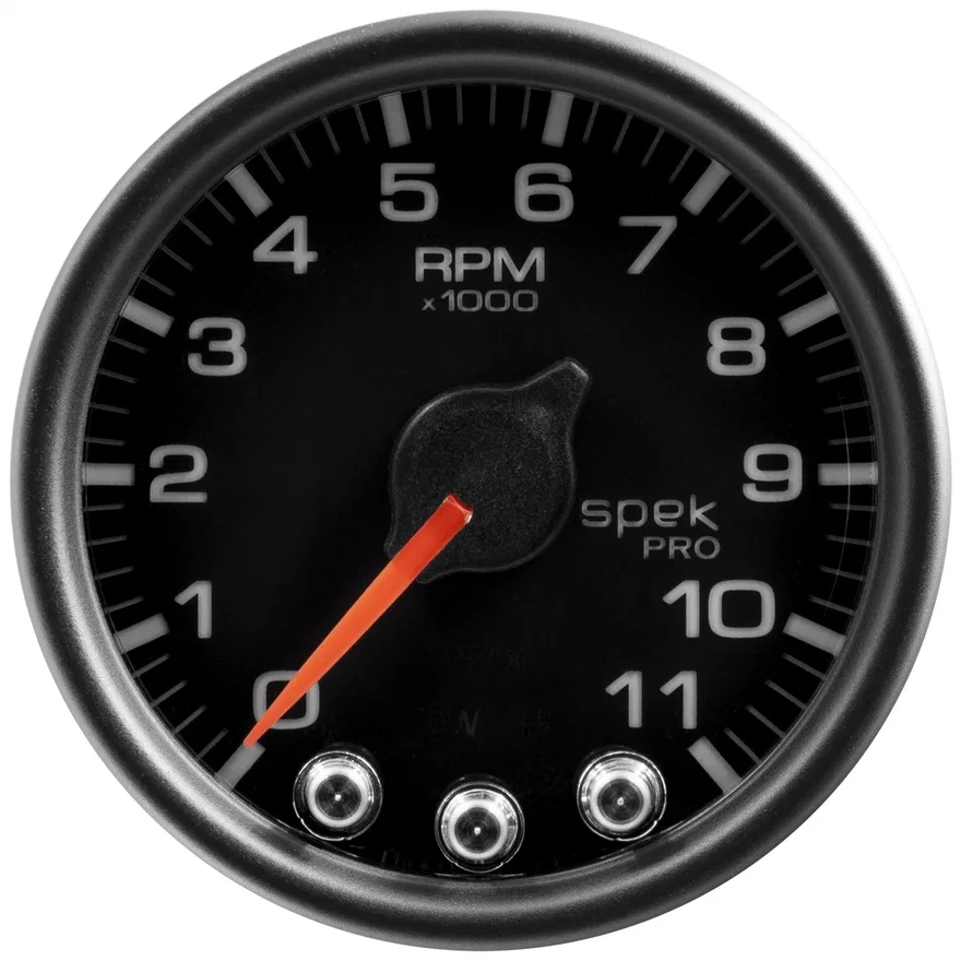 GAUGE; TACH; 2 1/16in.; 11K RPM; W/SHIFT LIGHT/PEAK MEM; BLK/BLK; SPEK-PRO
