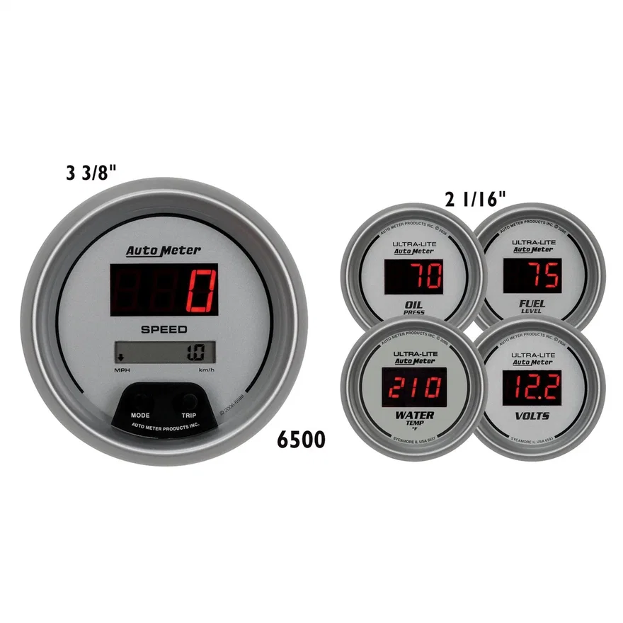 GAUGE KIT; 5 PC.; 3 3/8in./2 1/16in.; ELEC. SPEEDO.; DIGITAL; SILVER W/RED LED