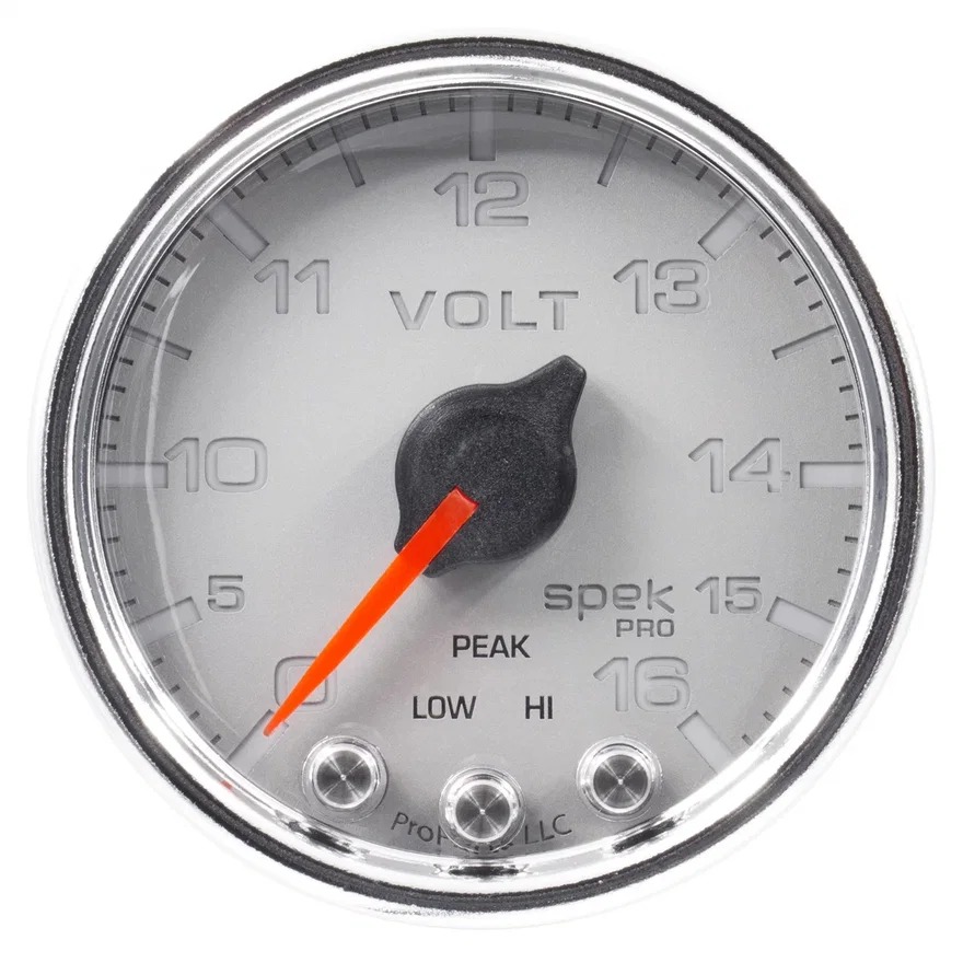 GAUGE; VOLTMETER; 2 1/16in.; 16V; STEPPER MOTOR W/PEAK/WARN; SLVR/CHRM; SPEK-PRO
