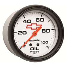 GAUGE; OIL PRESSURE; 2 5/8in.; 100PSI; MECHANICAL; CHEVY RED BOWTIE; WHITE image 3