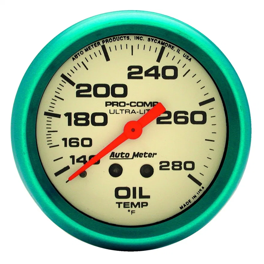 GAUGE; OIL TEMP; 2 5/8in.; 140-280deg.F; MECH.; GLOW IN THE DARK; ULTRA-NITE