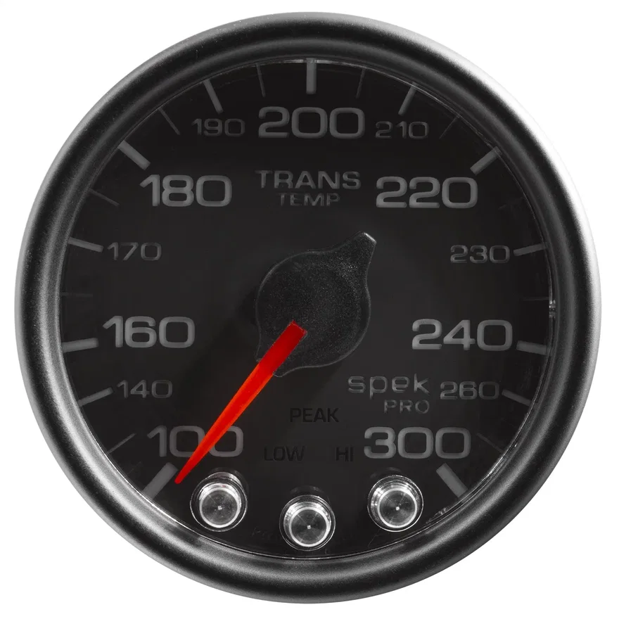 GAUGE; TRANS TEMP; 2 1/16in.; 300deg.F; STEPPER MOTOR W/PEAK/WRN; BLK/BLK; SPEK-