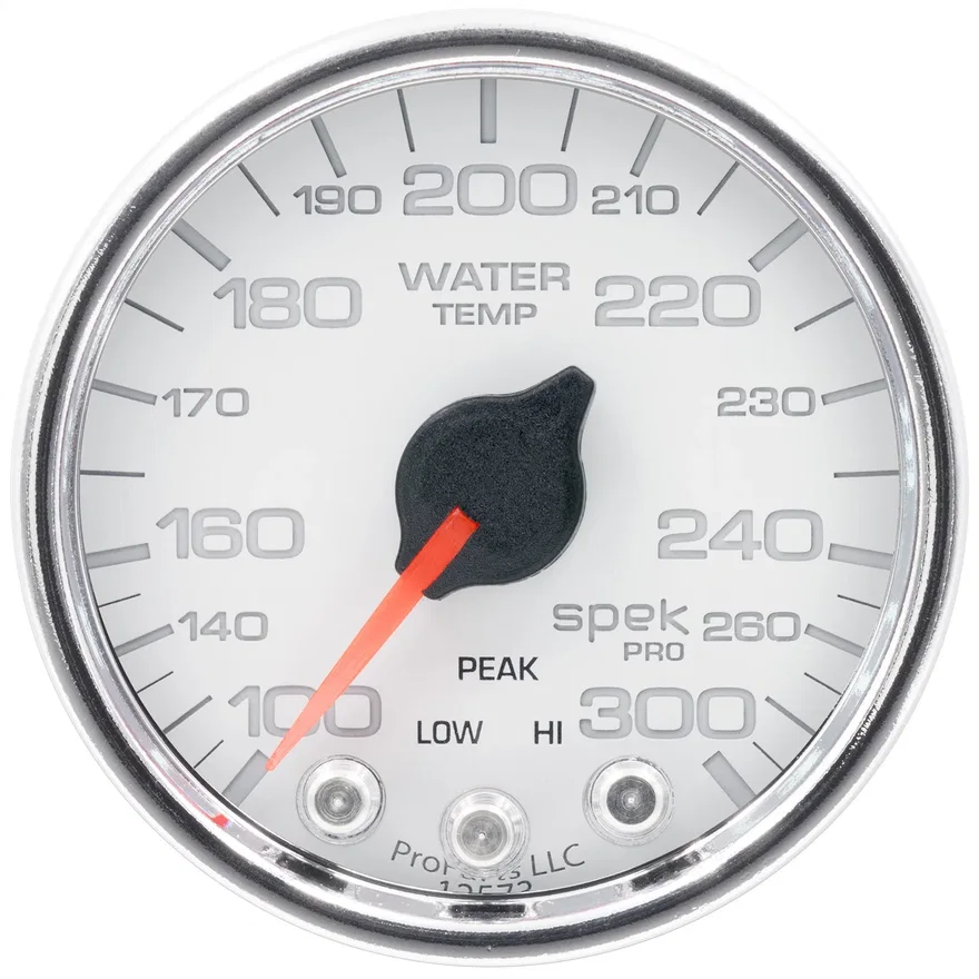 GAUGE; WATER TEMP; 2 1/16in.; 300deg.F; STEPPER MOTOR W/PEAK/WARN; WHT/CHRM; SPE
