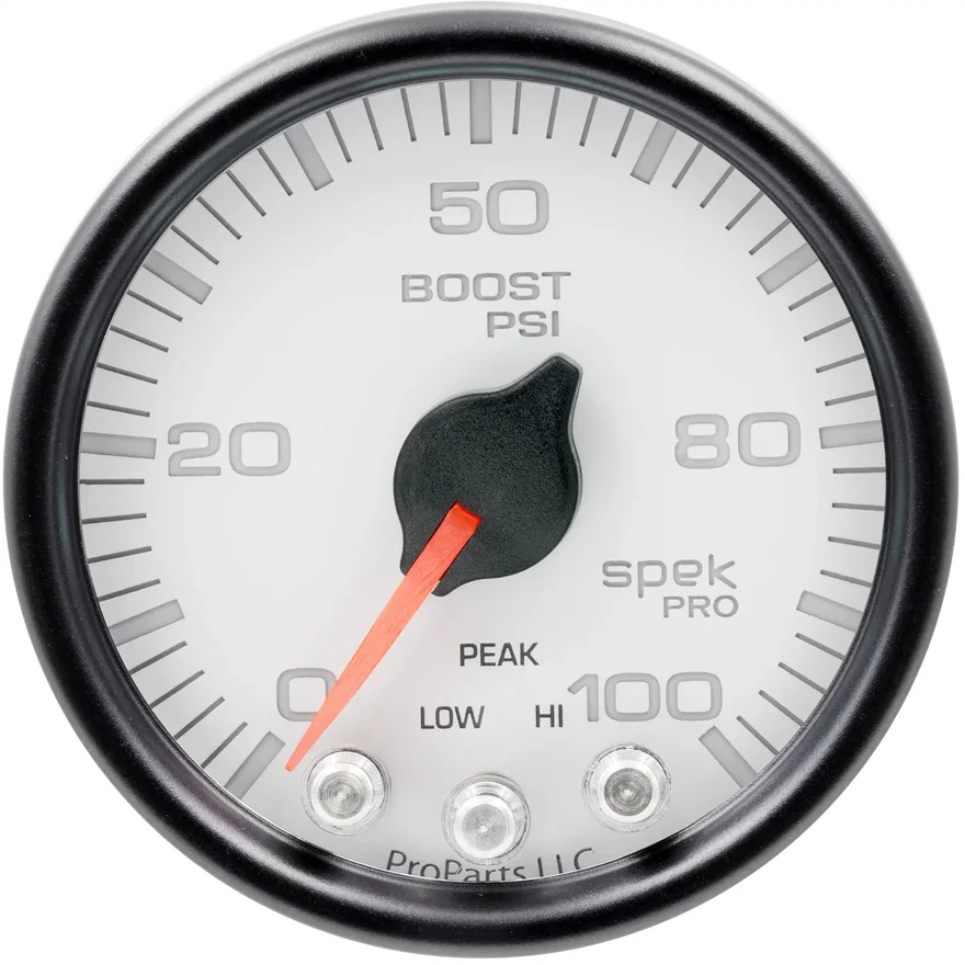 GAUGE; BOOST; 2 1/16in.; 100PSI; STEPPER MOTOR W/PEAK/WARN; WHT/BLK; SPEK-PRO