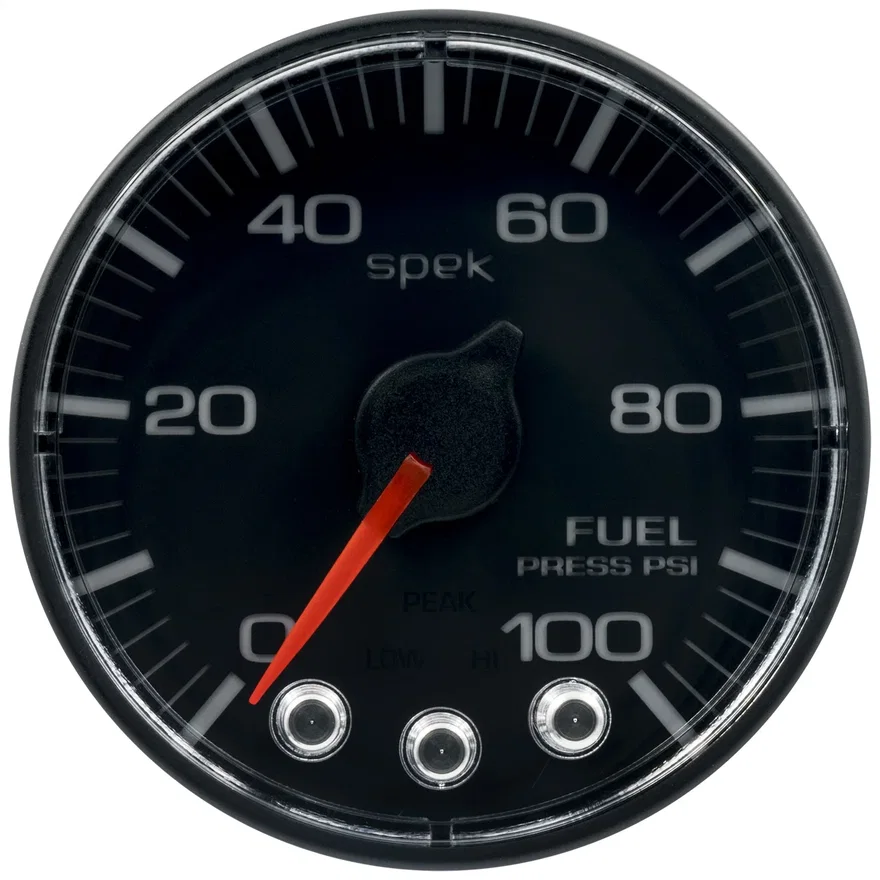 GAUGE; FUEL PRESS; 2 1/16in.; 100PSI; STEPPER MOTOR W/PEAK/WARN; BLK/BLK; SPEK