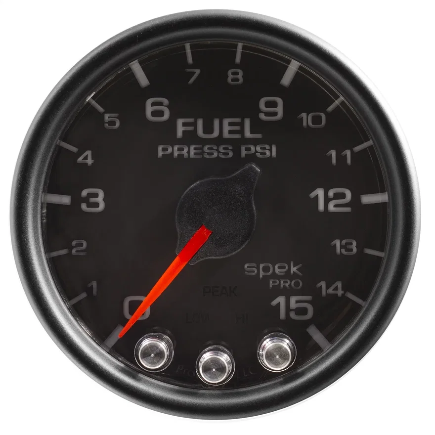 GAUGE; FUEL PRESS; 2 1/16in.; 15PSI; STEPPER MOTOR W/PEAK/WARN; BLK/BLK; SPEK