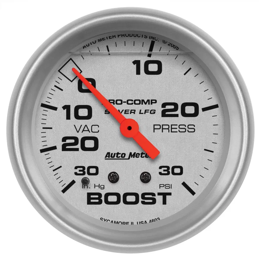 GAUGE; VAC/BOOST; 2 5/8in.; 30INHG-30PSI; LIQUID FILLED MECH; ULTRA-LITE