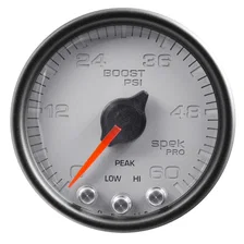 GAUGE; BOOST; 2 1/16in.; 60PSI; STEPPER MOTOR W/PEAK/WARN; SLVR/BLK; SPEK-PRO image 1