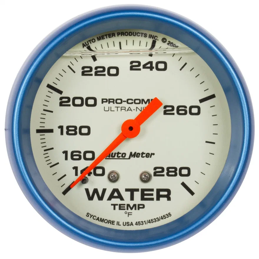 GAUGE; WTEMP; 2 5/8in.; 140-280deg.F; LIQ FILLD MECH; 4FT.; GLOW IN DARK; ULTRA-