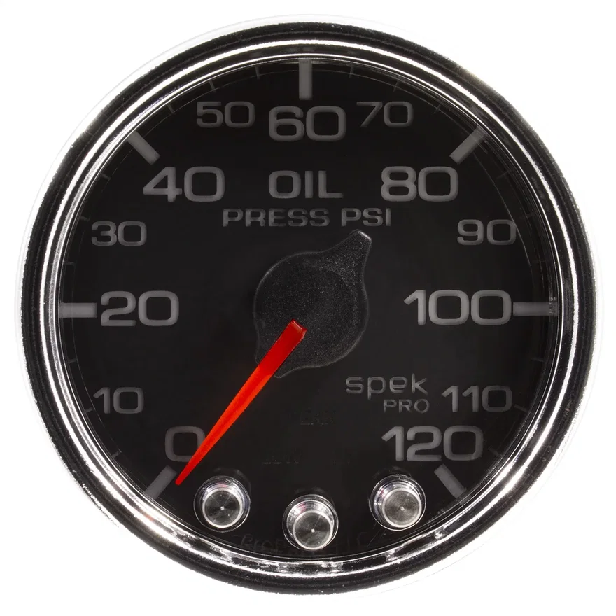 GAUGE; OIL PRESS; 2 1/16in.; 120PSI; STEPPER MOTOR W/PEAK/WARN; BLK/CHRM; SPEK