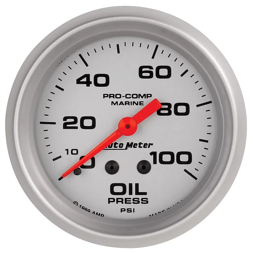 GAUGE; OIL PRESSURE; 2 5/8in.; 100PSI; MECHANICAL; MARINE SILVER