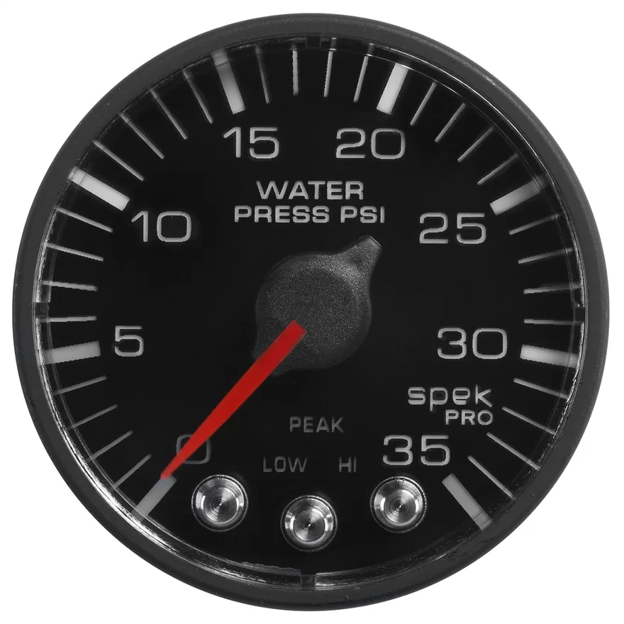 GAUGE; WATER PRESS; 2 1/16in.; 35PSI; STEPPER MOTOR W/PK/WRN; BLK/BLK; SPEK-PRO