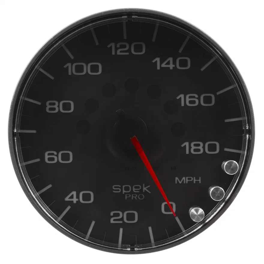 GAUGE; SPEEDOMETER; 5in.; 180 MPH; ELEC. PROGRAMMABLE; BLACK/BLACK; SPEK-PRO