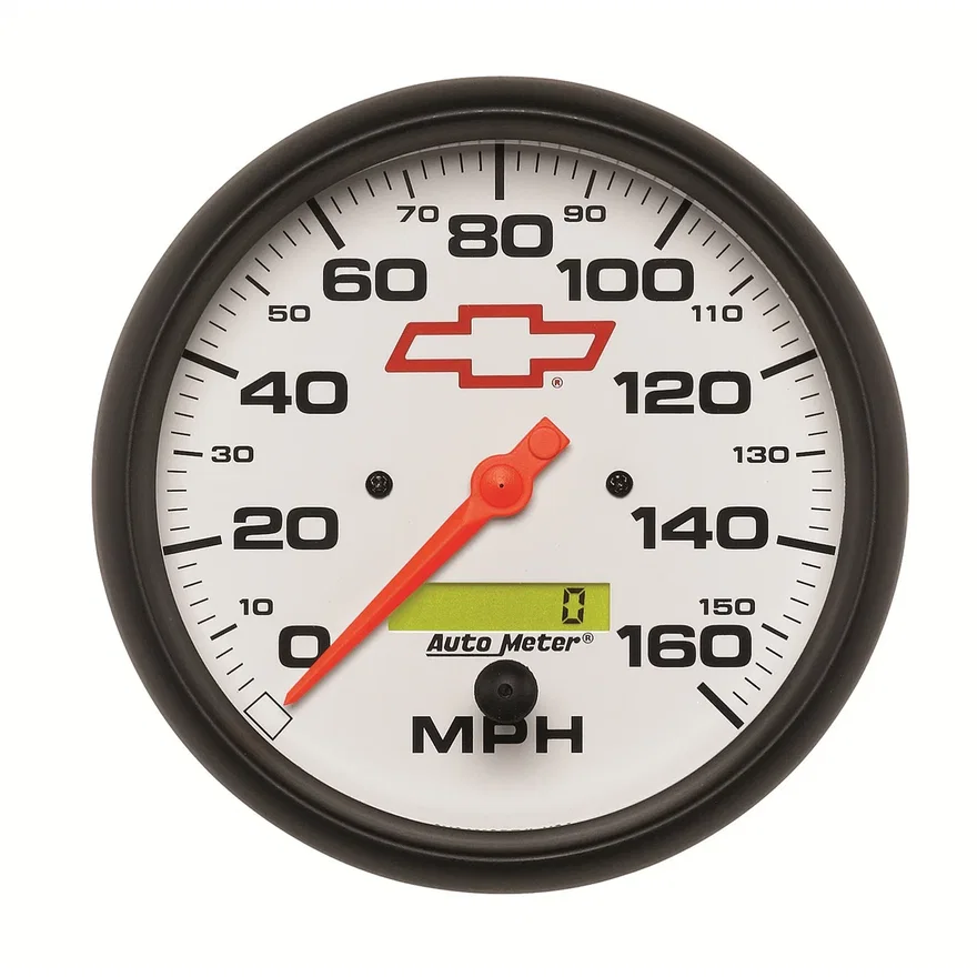 GAUGE; SPEEDOMETER; 5in.; 160MPH; ELEC. PROGRAMMABLE; CHEVY RED BOWTIE; WHITE