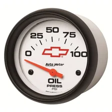 GAUGE; OIL PRESSURE; 2 5/8in.; 100PSI; ELECTRIC; CHEVY RED BOWTIE; WHITE image 2