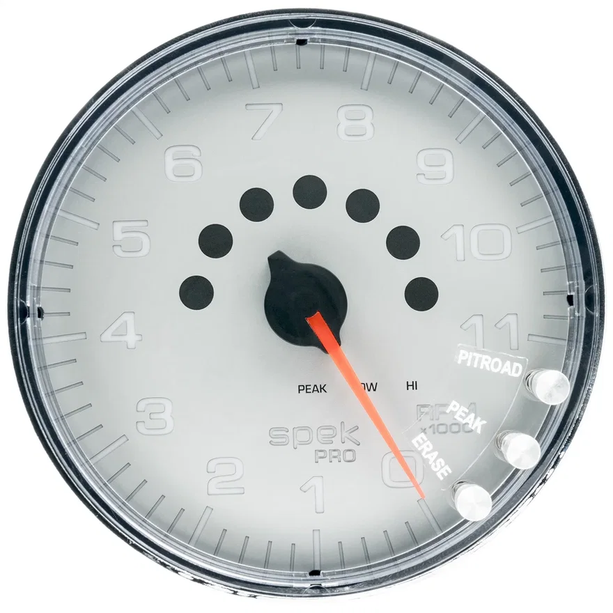 GAUGE; TACHOMETER; 5in.; 11K RPM; W/SHIFT LIGHT/PEAK MEM; SILVER/CHROME; SPEK