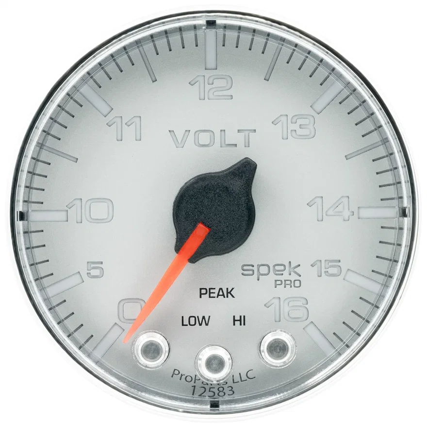 GAUGE; VOLTMETER; 2 1/16in.; 16V; STEPPER MOTOR W/PEAK/WARN; SLVR/CHRM; SPEK-PRO