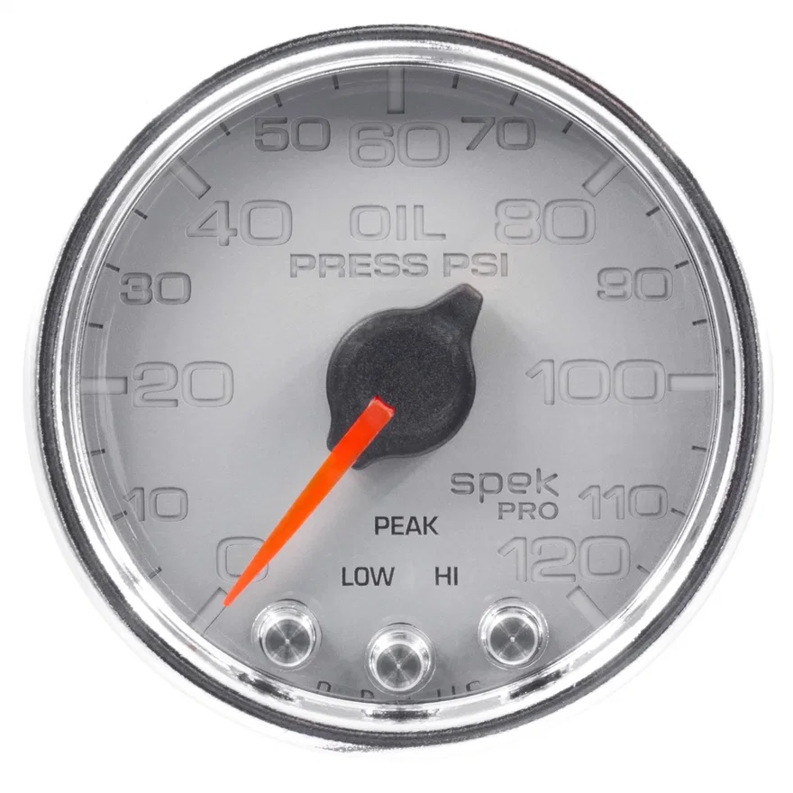 GAUGE; OIL PRESS; 2 1/16in.; 120PSI; STEPPER MOTOR W/PEAK/WARN; SLVR/CHRM; SPEK